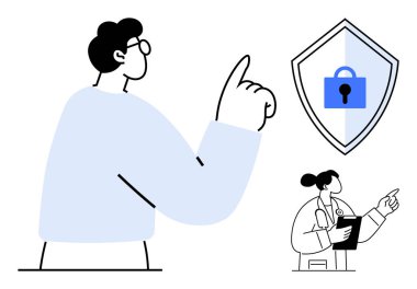 Güvenlik kalkanı ve kilidine doğru bakan kişi, sağlık sigortası uzmanı. Siber güvenlik, sağlık, veri koruması, mahremiyet, tıbbi bakım, bilgi güvenliği için ideal