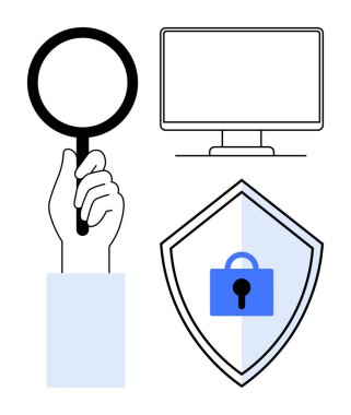 Elle tutulan büyüteç, bilgisayar monitörü ve minimalist tasarımla kilitlenmiş kalkan. Siber güvenlik, veri analizi, koruma, çevrimiçi mahremiyet, dijital güvenlik, İnternet güvenliği için ideal