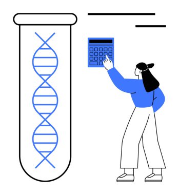 Kadın DNA ipliğini bir hesap makinesi kullanarak inceliyor, genetik araştırmaları, analizleri ve veri bilimini vurguluyor. Biyoteknoloji, biyoenformatik, eğitim, yenilik, sağlık araştırmaları için ideal