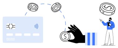 Temassız kart para transferi, adam veri sunuyor. Finans, bankacılık, teknoloji, e-ticaret, iş, dijital ödeme fintech için ideal. Düz basit metafor