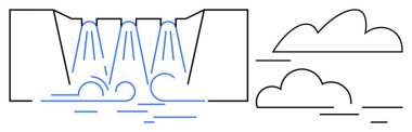 Barajdan akan su, aşağıdaki bir dereye dökülüyor, basit bulutlarla eşleştirilmiş. Doğa, hidroelektrik, teknoloji, sürdürülebilirlik, mühendislik, yenilenebilir enerji iklimi için idealdir. Düz basit metafor