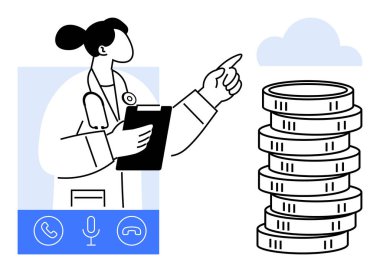 Sağlık hizmetleri finansmanını ön plana çıkaran, madeni para yığını ve bulutlara yönelik jestleri olan kadın doktor. Teletıp, finans, maliyet tartışmaları, dijital sağlık, uzaktan muayene, tıbbi danışma için ideal