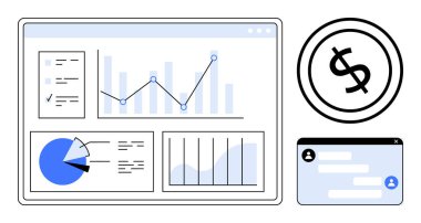 Çizelgeleri, grafikleri, finansal sembolü ve sohbet penceresini gösteren analitik gösterge paneli. Veri analizi, finans, iletişim, iş stratejisi, üretkenlik raporlaması için ideal düz metafor