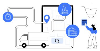 Fabrikaları ve depoları bağlayan nakliye kamyonu kronometreyi, alışveriş arabasını ve dijital aletleri takip ediyor. Lojistik, e-ticaret, tedarik zinciri, ulaşım, işletim için ideal