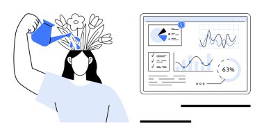 Çiçekleri sulayan kadın analitik grafikler ve grafiklerle ekranın yanında öğrenmeyi ve büyümeyi temsil ediyor. Üretkenlik, eğitim, analitik, refah, yaratıcılık, strateji için ideal