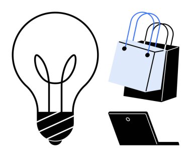 Ampul, alışveriş çantası ve laptop çevrimiçi perakende yenilik ve girişimci fikirleri iletir. E-ticaret, iş stratejisi, dijital pazarlama, yaratıcı çözümler gibi konular için ideal