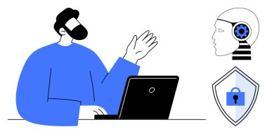 Diz üstü bilgisayarda çalışırken el kol hareketi yapan bir adam, dişli robot kafası, kilitli kalkan. Teknoloji, siber güvenlik, yapay zeka, yenilik, internet güvenliği, gelecekçi kavramlar için idealdir.