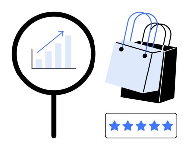 Alışveriş torbaları, yükselen bar grafikli büyüteç ve beş yıldızlı derecelendirme simgeleri. E-ticaret, iş büyümesi, pazar eğilimleri, müşteri memnuniyeti, analiz, çevrimiçi alışveriş için ideal