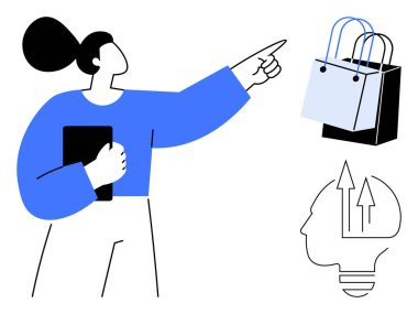 Tablet tutan ve alışveriş torbalarını ve yukarı doğru ok işaretli fikir simgesini gösteren kişi. Ticari büyüme, e-ticaret, yenilik, yaratıcı düşünce, pazarlama, çevrimiçi alışveriş, hedef