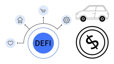 Yuvarlak DEFI ögesi ev, alışveriş arabası, kalp, dişli, araba ve dolar madeni para gibi ikonlara bağlı. Finans, yenilik, teknoloji yatırım ekonomisi bağlantı dijital için idealdir