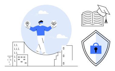 Kavisli yolda elinde ampul ve tokalaşma ikonları olan bir adam mezuniyet şapkalı bir kitap, asma kilitli bir kalkan tutuyor. Kariyer büyümesi, eğitim, güvenlik, yenilik ve işbirliği için ideal