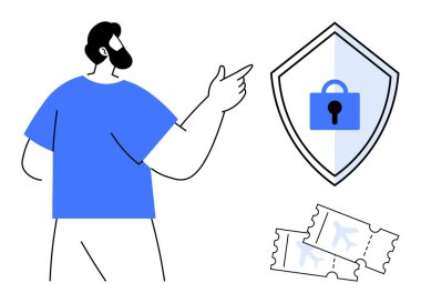 Adam kilidi olan bir kalkanı işaret ediyor, güvenliği simgeliyor. Yakınlarda iki uçak bileti var, seyahat güvenliğini simgeliyor. Güvenlik, seyahat güvenliği, siber güvenlik, veri koruması, mahremiyet için ideal