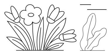 Doğal ahengi temsil eden laleler, papatyalar ve çim yapraklarıyla minimalist çiçek düzenlemeleri. Doğa, bahçıvanlık, botanik, bahar, sakinlik, çevre dostluğu için ideal. Düz basit