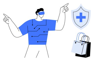VR kulaklık takan adam, farklı yönlere bakıyor, devre temalı gömlek, haçlı kalkan, alışveriş torbaları. Teknoloji için ideal, sanal gerçeklik, sağlık hizmetleri, güvenlik alışverişi yeniliği