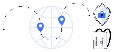 Yer işaretleyicili dünya, noktalı seyahat çizgileri, kalkan kilidi ve sırt çantası. Seyahat güvenliği, navigasyon, siber güvenlik, dijital göçmenlik, küresel iletişim güvenli lojistik için ideal