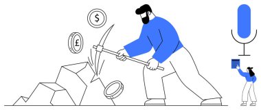 Kadın mikrofon simgesinin yanında kitap okurken erkek para koparmak için taşlara kazma sallıyor. Finans, madencilik, kripto para birimi, yatırım, ekonomi, üretkenlik ve öğrenim için ideal