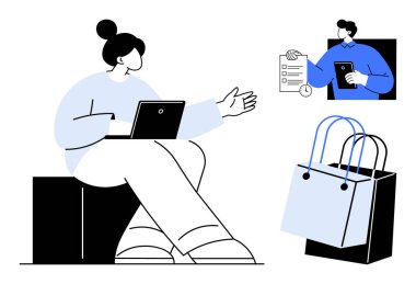 Dizüstü bilgisayarlı bir kişi sanal alışveriş çantalarına uzanırken, elinde tabletli bir kontrol listesi tutan başka bir kişi. E-ticaret için ideal, çevrimiçi alışveriş, dijital işlemler, müşteri