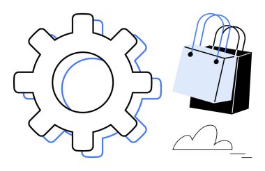 İki alışveriş çantasının yanında büyük vites simgesi ve bir bulut sembolü. E-ticaret, perakende, iş verimliliği, otomasyon, online alışveriş, lojistik ve tüketici trendleri için ideal. Basit soyut