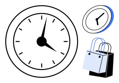 Analog saatler ve alışveriş çantaları. Zaman yönetimi, alışveriş, perakende sektörü, dakiklik, tüketici davranışı, verimlilik, iş planlaması için ideal. Soyut çizgi düz metafor