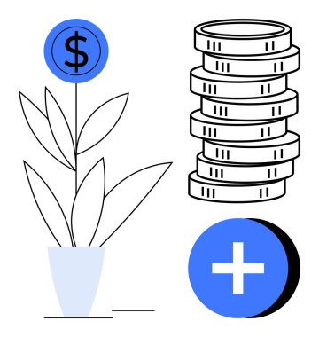 Dolar çiçekli para fabrikası, yüksek madeni para yığını, artı finansal büyüme, tasarruf, yatırım, kâr, zenginlik, başarı ve gelişimi simgeleyen tabela. Ekonomi ve finans kavramları için ideal