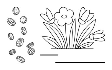 Bozuk paralar çiçek tarlasında çiçeklerle birlikte süzülüyor. Finans, büyüme, yatırım, refah, doğa, çevre dostu, sürdürülebilirlik temaları için idealdir. Minimalist düz metafor