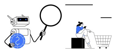 Robot elinde büyüteç ve bozuk para, alışveriş arabasıyla gezen kadın. Çevrimiçi alışveriş, teknoloji, e-ticaret, perakende satış, müşteri araştırmaları, dijital işlemler için ideal