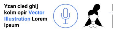 Yer tutucu metni olan minimalist kadın avatarın yanındaki mikrofon simgesi. İletişim, ses kaydı, podcastlar, kullanıcı profili, ağ oluşturma, sanal olaylar ve basit iniş sayfası için ideal