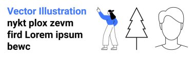 Yukarıya bakan mavi ceketli enerjik kadın, geometrik ağaç ve kafa çizimi. Eğitim, doğa, yaratıcılık, profil, kimlik, açık hava tasarımları için ideal basit iniş sayfası