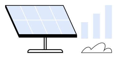 Güneş paneli yükselen bir çizelge ve bulutun yanında güneş ışığını emiyor. Enerji, sürdürülebilirlik, teknoloji, yenilik, iklim hareketi, ekonomik fırsatlar, ekolojik çözümler için idealdir. Düz
