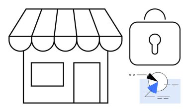 Çizgili tenteli, kilitli kilidi ve analitik çizelgesi olan bir dükkan vitrini. İş için ideal, veri güvenliği, analiz, gizlilik, e-ticaret finansal yönetim küçük işletme markalaşması. Düz basit