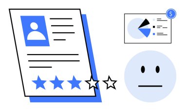 Not sistemi, profil kartı, altı çizili üç yıldız, tarafsız yüz ve dolar sembollü pasta grafiği. Geri bildirim, değerlendirme, performans, analitik, ticari kullanıcı katılımı için ideal