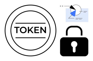 Dairesel sembol, kilit ve analitik çizelge güvenlik, şifreleme, dijital finans, engelleme zinciri, veri koruması ve siber güvenlik ideallerini gösteriyor. Dijital kavramlar teknolojisi için ideal