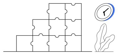 Sorun çözmeyi temsil eden yığılmış bulmaca parçaları, zaman yönetimini simgeleyen bir saat ve büyümek için minimalist bir bitki. Planlama, takım çalışması, üretkenlik, organizasyon, odaklanma için ideal