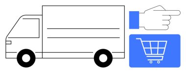 Basit bir tasarımda, el ve alışveriş arabası ikonunun yanındaki teslimat kamyonu. Teslimat, alışveriş, e-ticaret, lojistik, çevrimiçi perakende, ulaşım, kurye hizmetleri için ideal. Düz basit