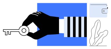 Siyah el anahtarı, mavi aksanlı cüzdan dikdörtgeni, soyut yaprak. Finans, güvenlik, erişim, mülkiyet, minimalizm tasarruf mahremiyeti için ideal. Düz basit metafor