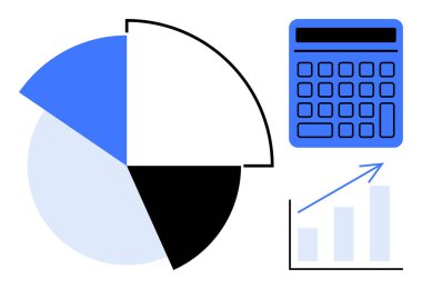 Bölünmüş bölümleri, dijital hesap makinesini ve yukarı doğru ok gösteren çubuk grafiğini içeren bir pasta grafiği. İş, finans, istatistik, büyüme, planlama, strateji eğitimi için ideal sade metafor