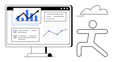 Bilgisayar monitörü aktif pozdaki soyut figürün yanında grafikler, bar çizelgeleri ve kontrol listelerini gösteriyor. Analiz, veri yönetimi, üretkenlik, öz gelişim, denge ve başarı için ideal
