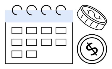 Dairesel tasarımlardaki madeni paraların yanı sıra açık seçeneklere sahip takvim aylık bütçe, gider takibi, ödeme süreleri ve mali hedefleri sembolize ediyor. Planlama, tasarruf, zamanlama ve ekonomi için ideal
