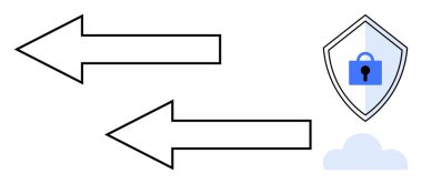 Bulutun üzerinde kilit simgesi olan bir kalkanın yanında solu gösteren iki ok. Siber güvenlik, veri alışverişi, güvenli iletişim, çevrimiçi koruma, bulut depolama, veri gizliliği, soyut hat için ideal