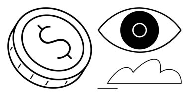 Madeni para ve dolar işareti zenginliği, gözü ilgiyi, bulutu soyutlamayı simgeliyor. Finans, yatırım, analiz, vizyon, ekonomi netliği için ideal online platformlar. Düz basit metafor