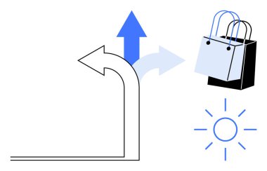Yön okları seçenekleri ön plana çıkarıyor, alışveriş torbaları tüketimi simgeliyor ve güneş ışığı da pozitifliği simgeliyor. E-ticaret, karar verme, pazarlama, tüketici davranışı, perakende stratejisi için ideal