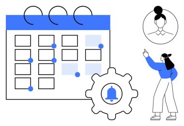 Bildirim ayarları ve profil simgesi olan bir takvime bakan kadın. Zaman yönetimi, etkinlik planlaması, organizasyon, verimlilik, takım çalışması, hatırlatıcılar, programlama için ideal. Düz basit