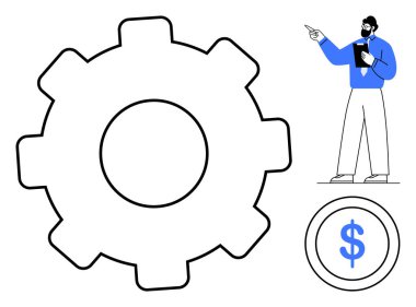 Büyük teçhizat ve dolar işareti işlemleri ve finansmanı temsil eder. Profesyonel bir iş adamı dinamik jestler yapar. Liderlik, strateji, verimlilik, iş akışı, yenilik, finans planlaması için ideal. Düz