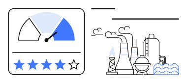 Hızlı arama göstergesi performansı, yıldız değerlendirme sistemi ve duman yayan endüstriyel fabrika. Kalite değerlendirmesi, çevresel etki, endüstri geribildirim, sürdürülebilirlik, verimlilik için ideal