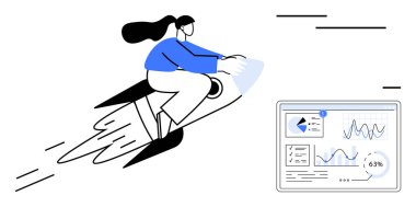 Roketin üstünde hız yapan kadın, büyüme ve hırsı simgeliyor, analitik gösterge paneli performans ve grafikleri vurguluyor. Yenilik, analitik, liderlik, strateji ve girişimler için ideal