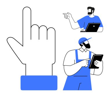 Genişletilmiş el hareketi yukarı işaret ediyor. Tulumlu işçi tablet kullanıyor. Dizüstü bilgisayarı olan bir ofis çalışanı. İletişim, takım çalışması, teknoloji, talimatlar, profesyonel rehberlik, dijital