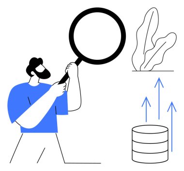 Okların ve veri tabanı sembolünün temsil ettiği verileri incelemek için büyüteç kullanan bir adam. Analiz, araştırma, büyüme, ilerleme, gelişme, strateji ve yönetim için ideal. Düz basit metafor