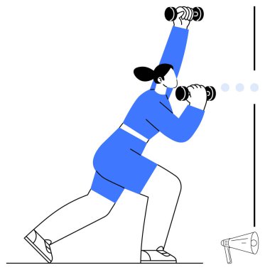 Aktif giysili bir kadın bir kutuya basarken dambılları kaldırıyor. Fitness, sağlık, motivasyon, kişisel eğitim, dayanıklılık, hedef başarısı, egzersiz alışkanlıkları için idealdir. Düz basit metafor