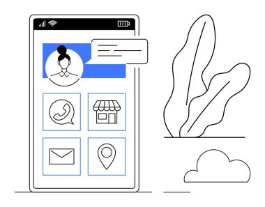 Kullanıcı avatarı, sohbet balonu, iletişim seçenekleri, konum pin ve bitki ve bulut çizimlerinin yanında depolama simgeleri içeren akıllı telefon ekranı. İletişim, ağ, navigasyon ve teknoloji için ideal
