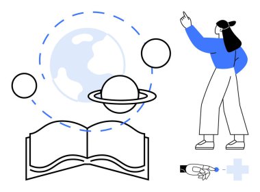 Gezegen ile açık bir kitap, bilgiyi simgeleyen küresel elementler, soyut fikri işaret eden bir kadın. Eğitim, yaratıcılık, keşif, teknoloji, yenilik öğrenme geleceği için idealdir. Düz basit metafor